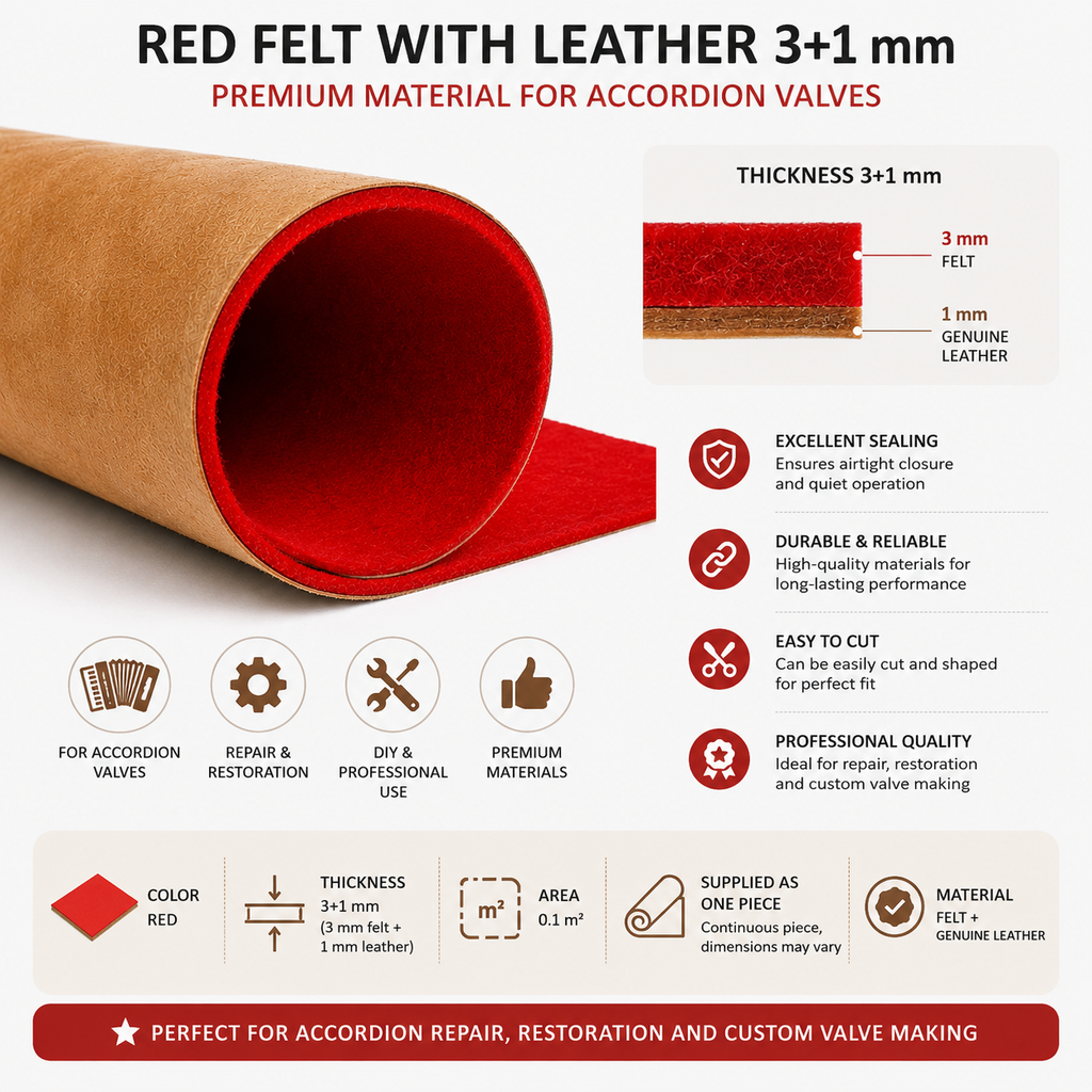 Accordion Valve Felt with Leather 3+1 mm – Red 0.1 m2 Sheet – Accordion Repair Material